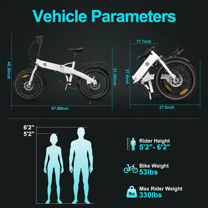 500W Powerful 20-Inch Fat Tire Folding Electric Bike - 43 Miles Range, 5 Speed Modes, All-Terrain E-Bike for Adults