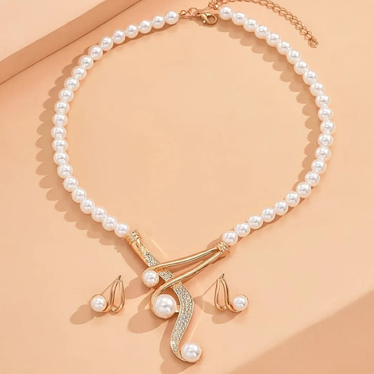Elegant Round Faux Pearl Necklace & Geometric Pearl Earrings Set – Timeless Fashion Jewelry, Perfect Gift for Lovers & Friends