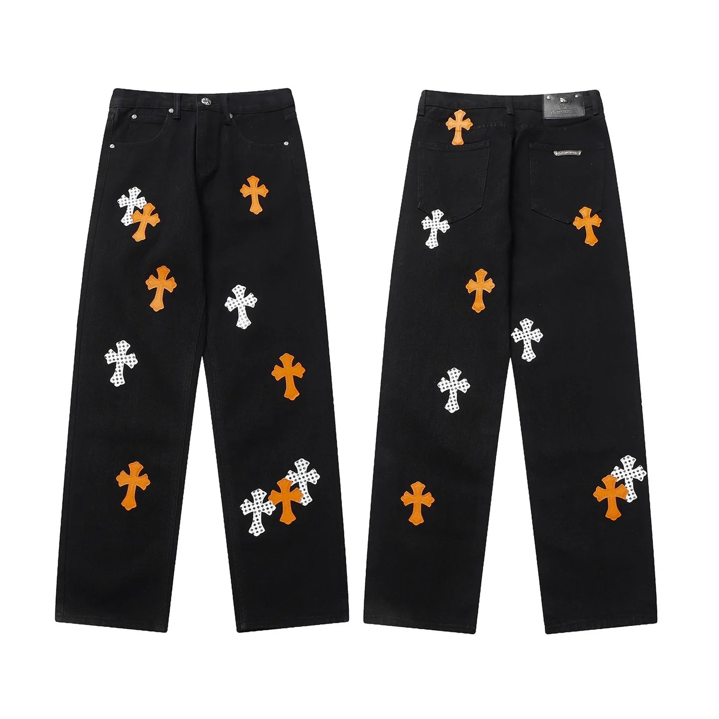 Classic Luxury Brand Men Women Leather Jeans Totem Patch Casual Pants Fashion Metal Embellished Couple Wear 2025