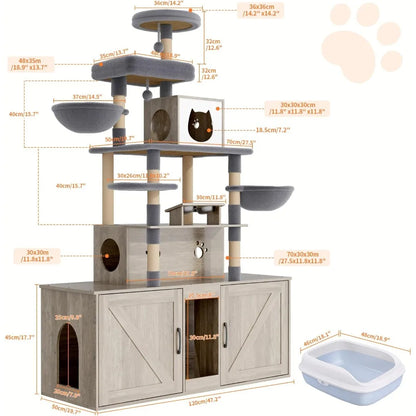 "two-tier cat tree with dual litter box huts, comprehensive cat tower, feline condo featuring sisal scratching posts, hanging be