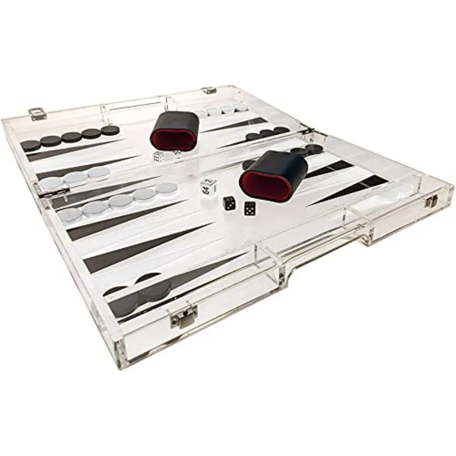 Luxe Acrylic Backgammon Set Deluxe Portable Folding Game Set with Dice and Cups for Home Travel and Social Gatherings Elegant B