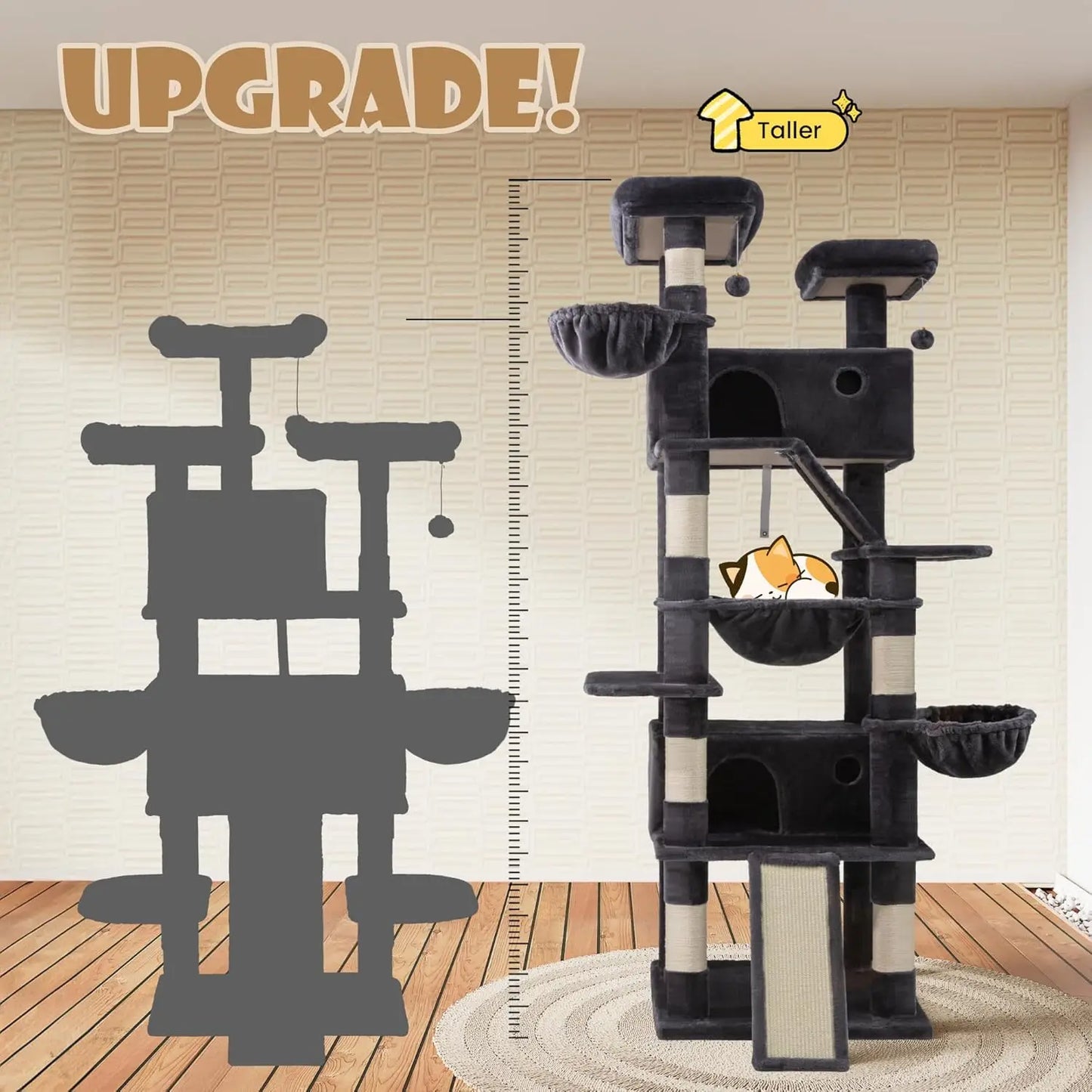 81-Inch Multi-Level Cat Tree Tower with Hammock, Scratching Posts, and Wide Base for Indoor Cats - Dark Grey