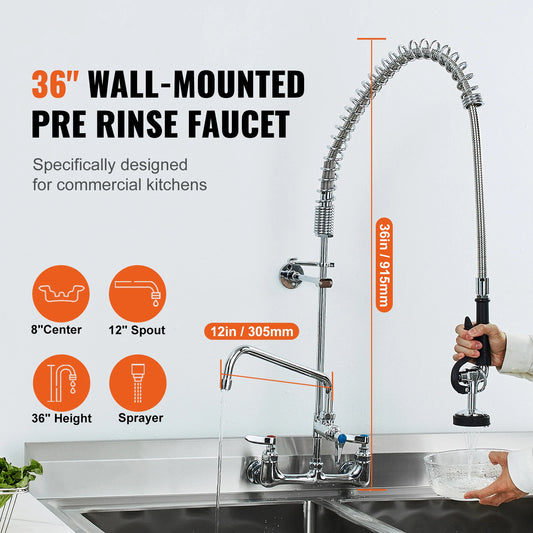 SucceBuy Commercial Faucet with Pre-Rinse Sprayer Wall Mount Kitchen Sink Faucet Brass Constructed Device with Pull Down Spray