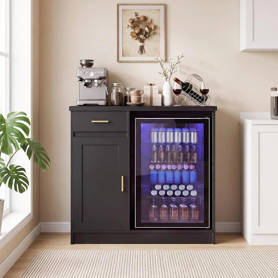 Farmhouse Coffee and Wine Bar Cabinet, 42" Home Bar with Mini Fridge Space Fits 24" Fridge - Storage Buffet Cabinet - Built-in