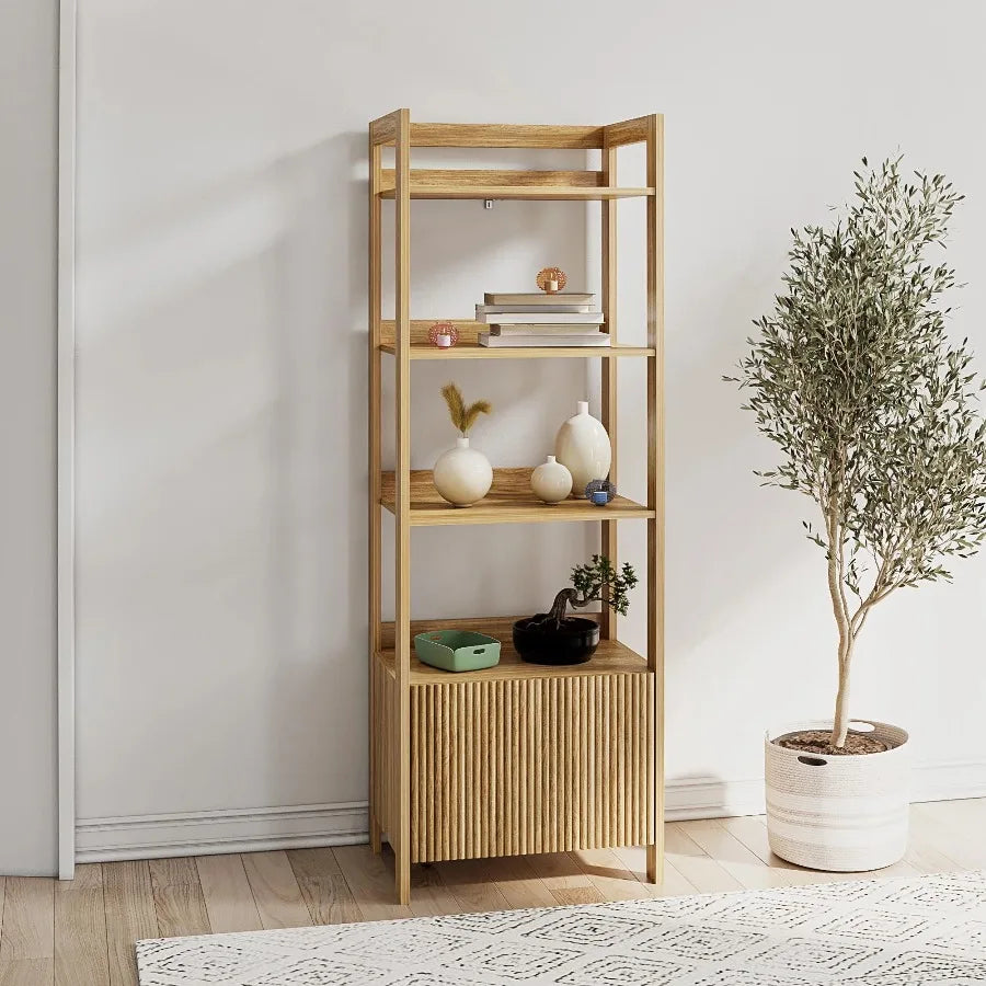 Mainstays Natural Teak Reeded 4‑Shelf Bookcase with Drawer Wooden Display Storage Bookshelf for Living Room Home Office