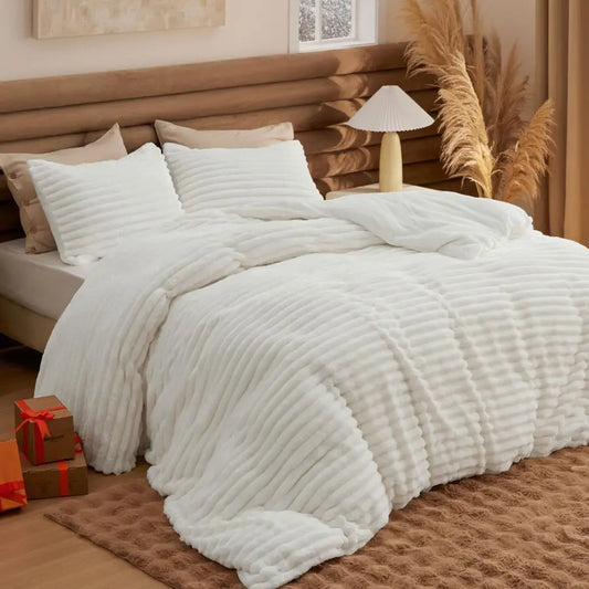 Fluffy Comforter Set Queen Super Soft Faux Fur Bed Set Cream White, Warm Plush Fleece Winter Bedding, 3 Pieces, 1 Shaggy Fuzzy A