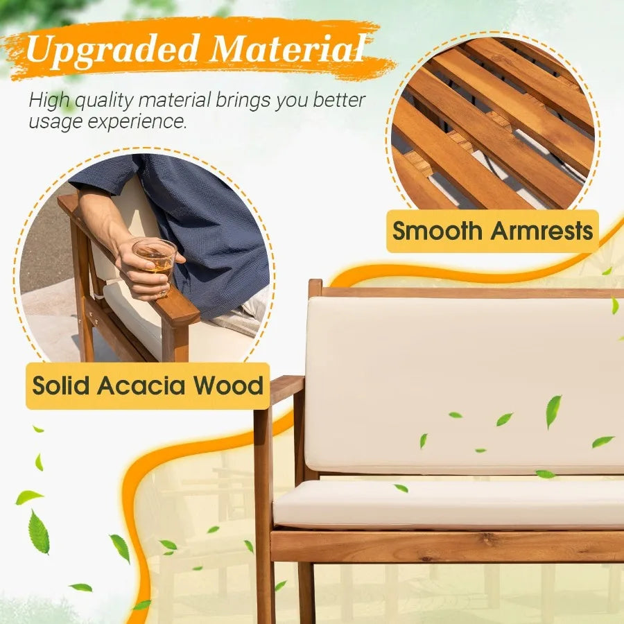 Outdoor Patio Furniture 4 Piece Bistro Sofa Set with Coffee Table and Loveseat Acacia Wood Conversation Sets with Cushi