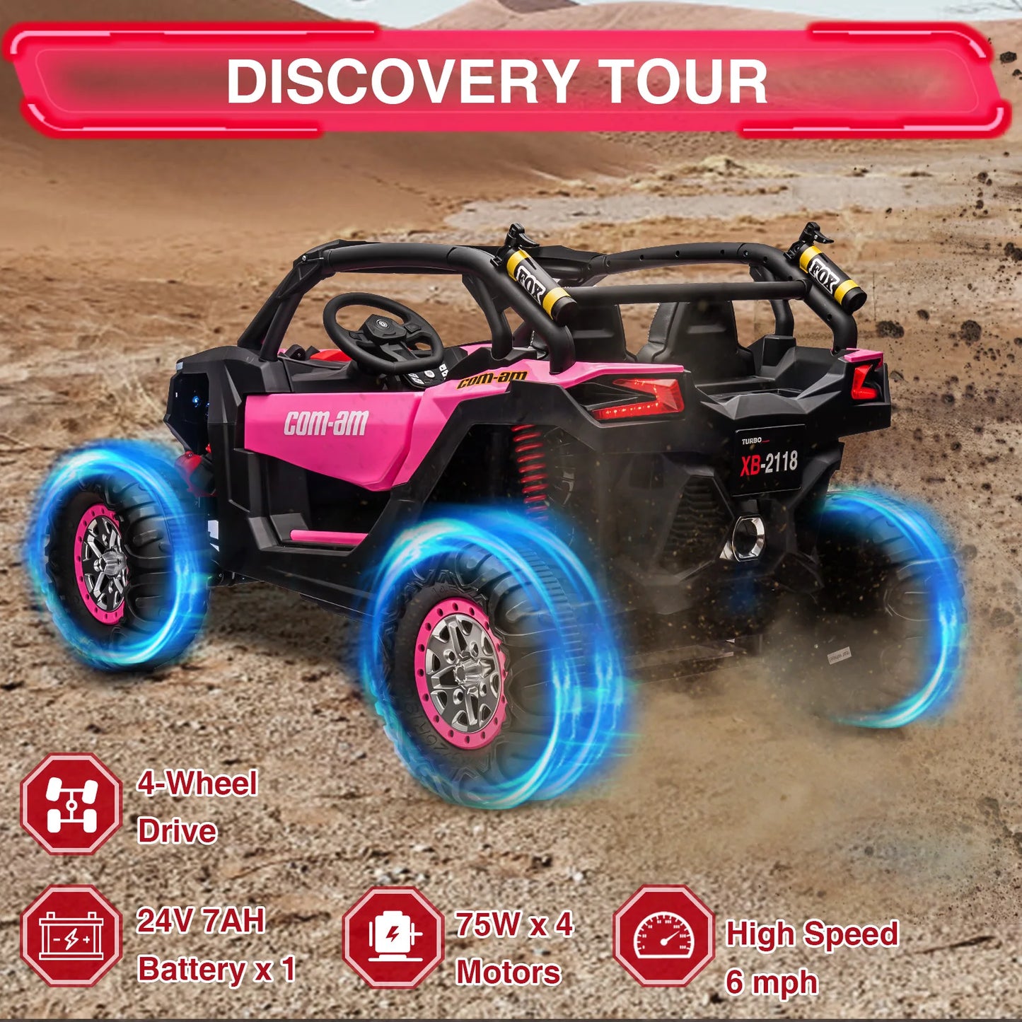 24V 2-Seater UTV 4WD Ride On Toys with Remote Control Powerful Electric Vehicle 4 Shock Absorbers, Leather Seats Music and Light
