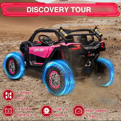 24V 2-Seater UTV 4WD Ride On Toys with Remote Control Powerful Electric Vehicle 4 Shock Absorbers, Leather Seats Music and Light