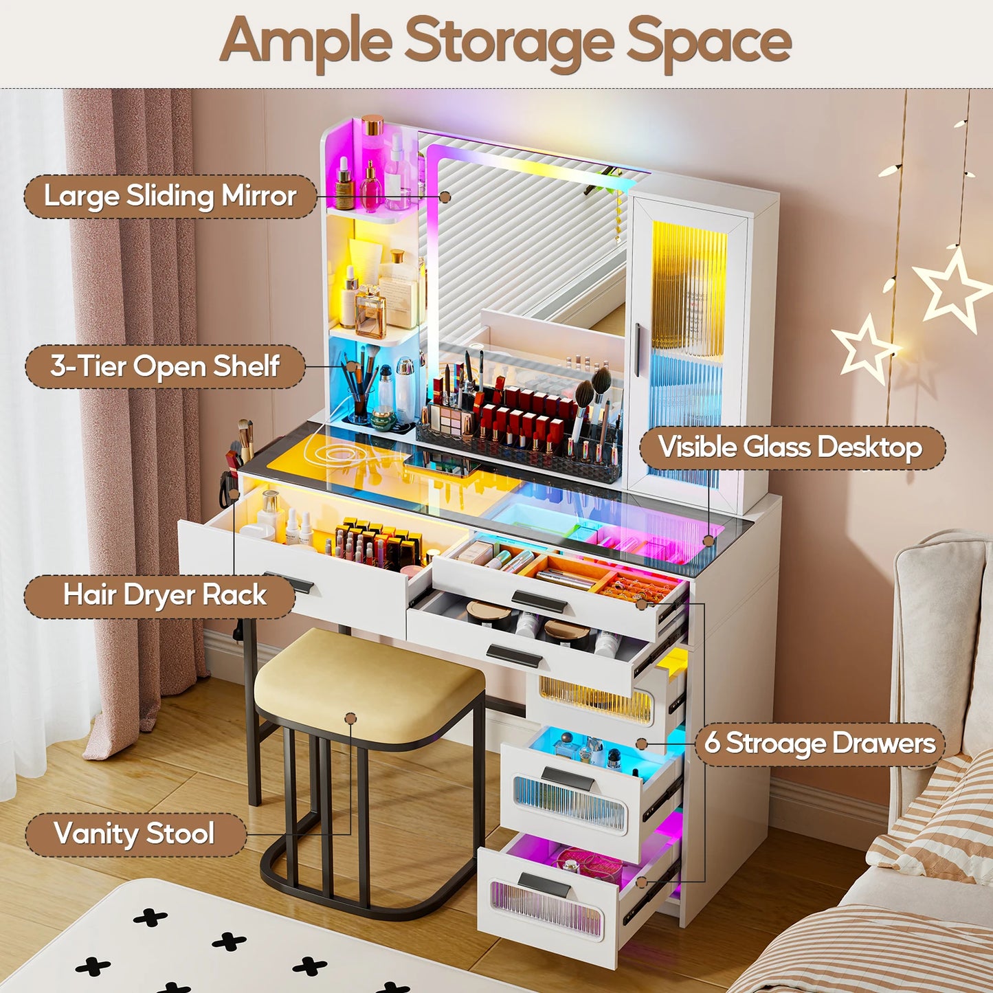 JPDAG Vanity with Mirror and LED Lights, Glass Top Vanity Desk with Charging Station(Wireless+USB+Type-C