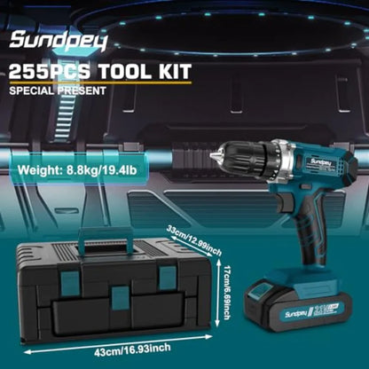 21V Cordless Drill Tool Kit with 255-Piece Portable Complete General Basic Home and Auto Repair Set Including Drawer Storage fo