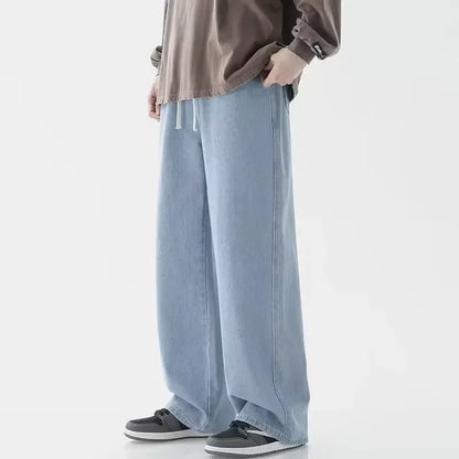 2023 New Streetwear Loose Jeans Men Korean Style Fashion Loose Straight Wide Leg Pants Men's Brand Clothing Black Light Blue