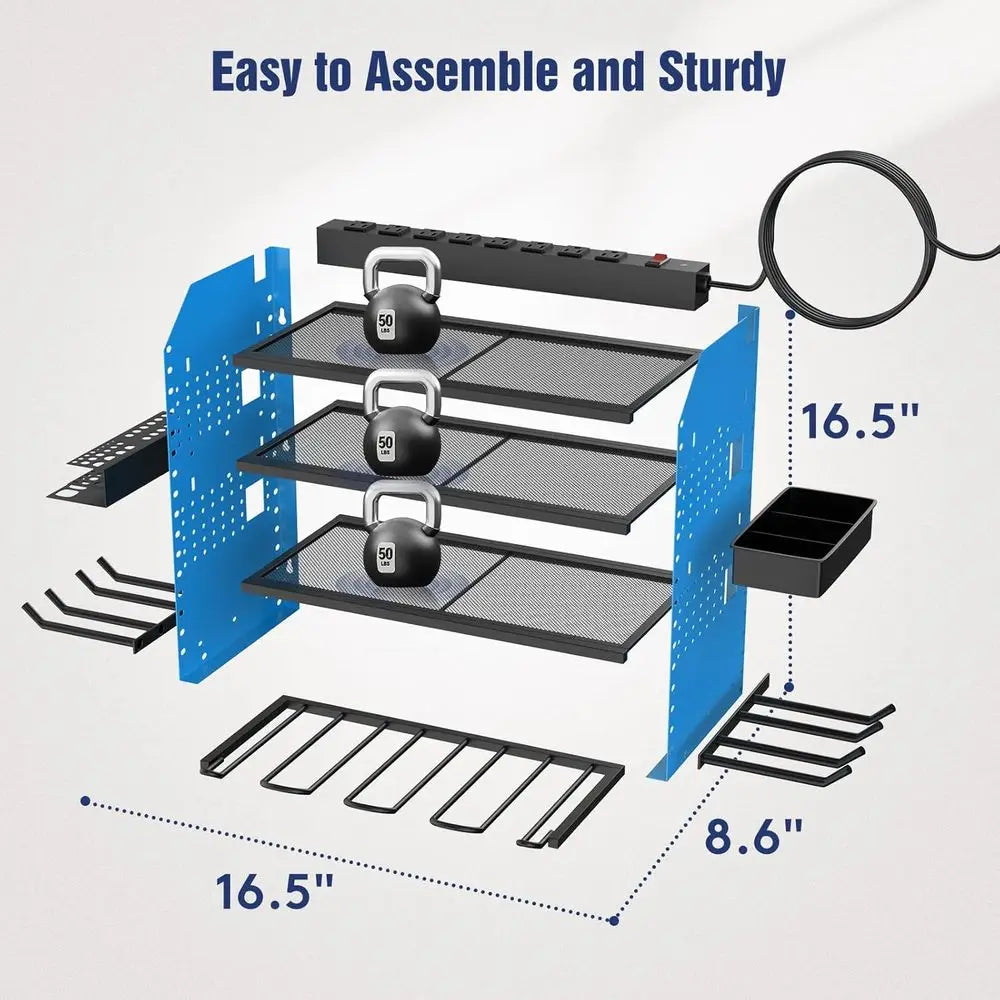 4-Tier Adjustable Wall-Mounted Power Tool Organizer with Charging Dock, Holds Drills, Hooks, and Storage Boxes