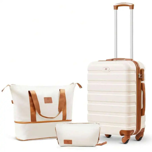 3-Piece Carry On Luggage Set: 20 Inch Airline Approved Hardshell Suitcase With Silent Spinner Wheels+Tote Bag+Toiletry Bag, Ligh