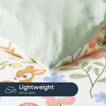 Floral Bedding Set for Girls, Cute Colorful Botanical Flowers Deers Patterned Soft Lightweight Comforter Set with Sheets, 5 Piec