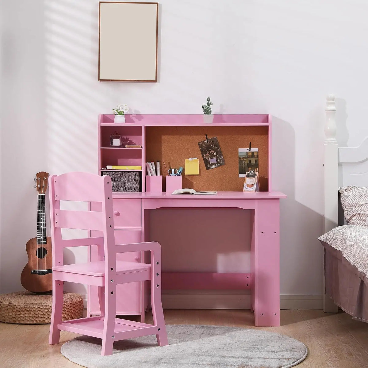 Kids Desk and Chair Set, Wooden Study Table with Bookshelf, Bulletin Board, Storage Shelf, Cabinet & Drawer, Homework Writing Desk for Ages 3-8, Pink