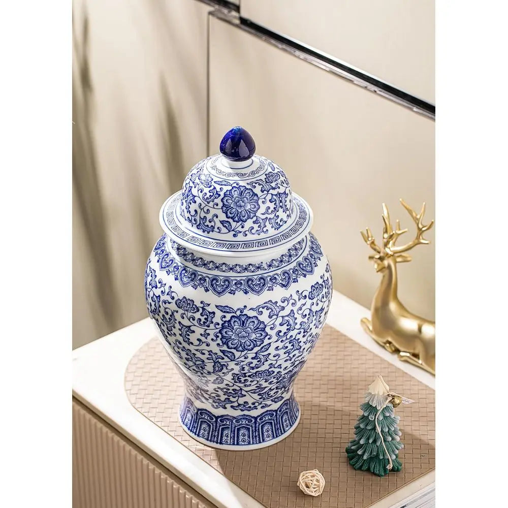 15 Blue & White Porcelain Ginger Jar - Decorative Chinoiserie Vase for Home, Office, Flowers