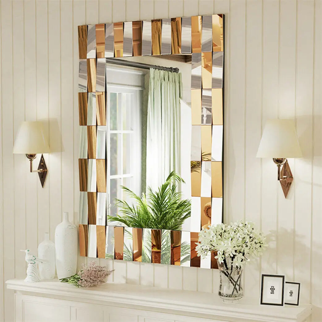 Stylish Wall Decor Mirror Rectangular Accent Mirror Horizontal/Vertical Hanging Sunburst Silver Tawny Beveled Glass for Home