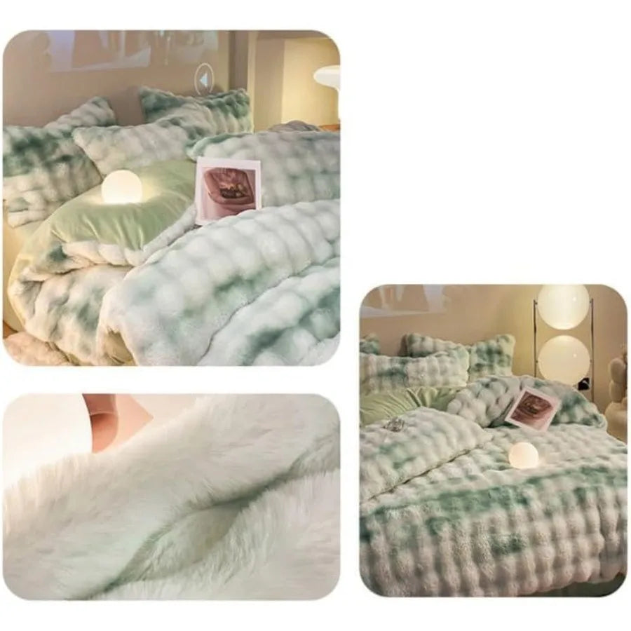 ZYFAB Fluffy Plush Shaggy Bedding Set 4 Pieces Super Soft Winter Reversible Duvet Cover Set Green Full Size Thick Comforter Cov
