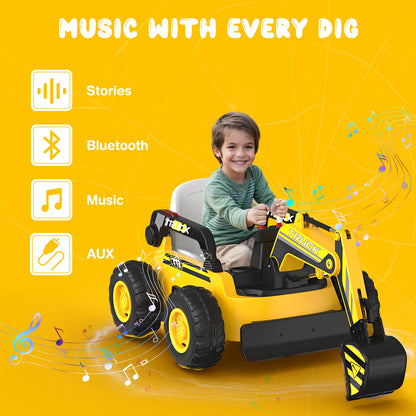 LIGIANT 12V 4WD Ride On Excavator for Kids, 4x75W Motor, 10Ah Battery, Electric Arm, Remote, Bluetooth, Xmas Gift Ages 3-8