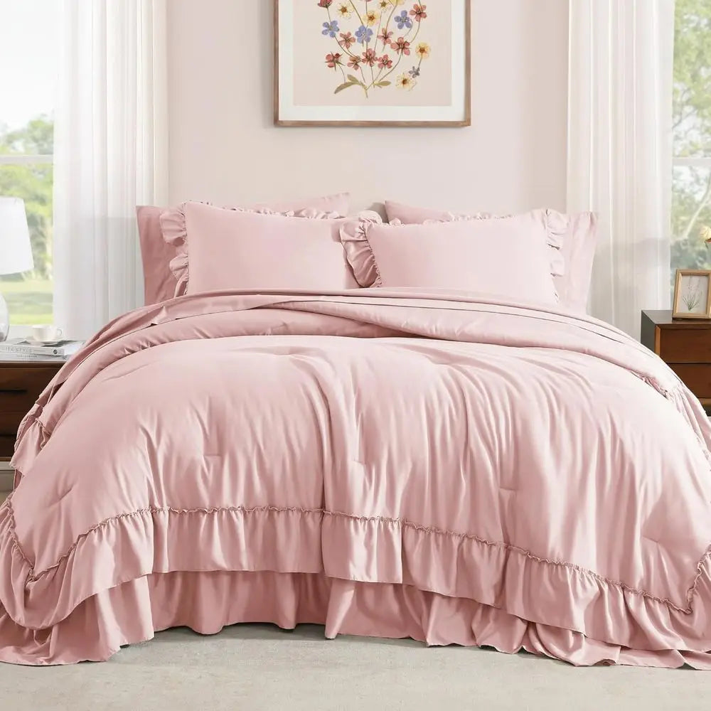 Comforter Set Soft Pink, Shabby Chic Bedding 7-Piece, All Season Bed in a Bag with Sheets, Pillowcases & Shams