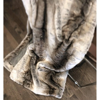Luxury Faux Fur Throw Blanket Super Soft Oversized Thick Warm Afghan Reversible to Plush Velvet in Tan Grey Wolf, Cream Mink or