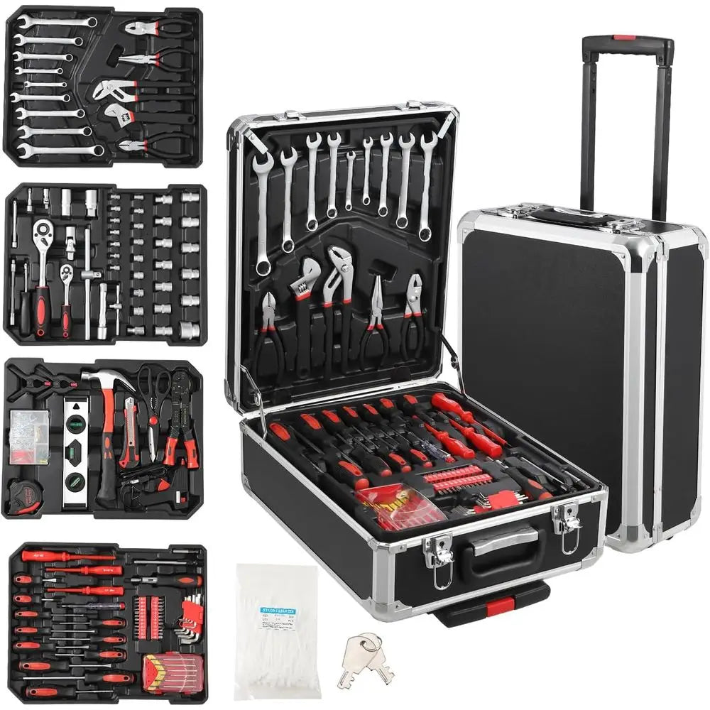 Piece Tool Kit with Rolling Tool Box, Socket Wrench Hand Tool Set Mechanic Case Trolley Portable House Repair Kit Set
