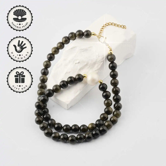 MYSOYA Gold Obsidian Edison Freshwater Pearl Necklace 10-11mm with Gold Extender Chain, Gift Box, Birthday & Anniversary Gift