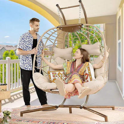 Extra Large Double Hanging Egg Chair 2 Person Outdoor Indoor Heavy-Duty 700 Lbs Wicker Hammock Swing Chair with Stand,Customized