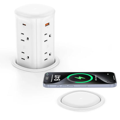 Pop-Up Countertop Outlet with 15W Wireless Charger, 4 USB Ports, 8 AC Sockets, Space-Saving Design for Kitchen & Office
