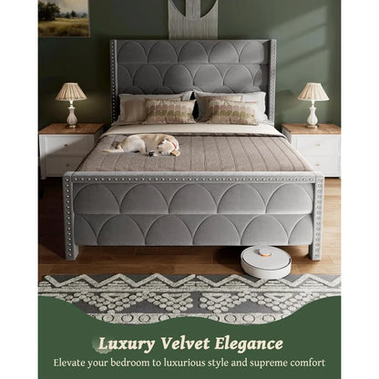 Queen Size Bed Frame with 56" Headboard - 1000LBS Capacity Support, Velvet Upholstered Wingback Platform Bed Frame, Noise Free,