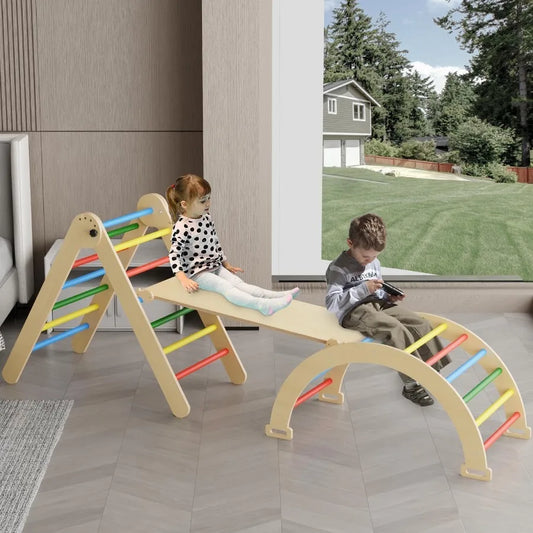 Pikler Triangle Set 5in1 Foldable Montessori Climbing Toys Wooden Baby Climber with Arch Ramp and Ladder Indoor Jungle Gym for