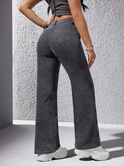 High Waist Wide Leg Washed Denim Jeans for Women - Casual Streetwear Style