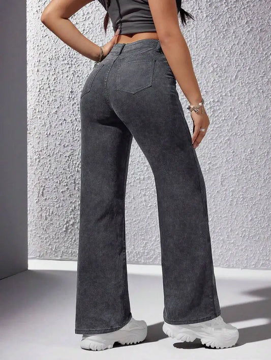 High Waist Wide Leg Washed Denim Jeans for Women - Casual Streetwear Style