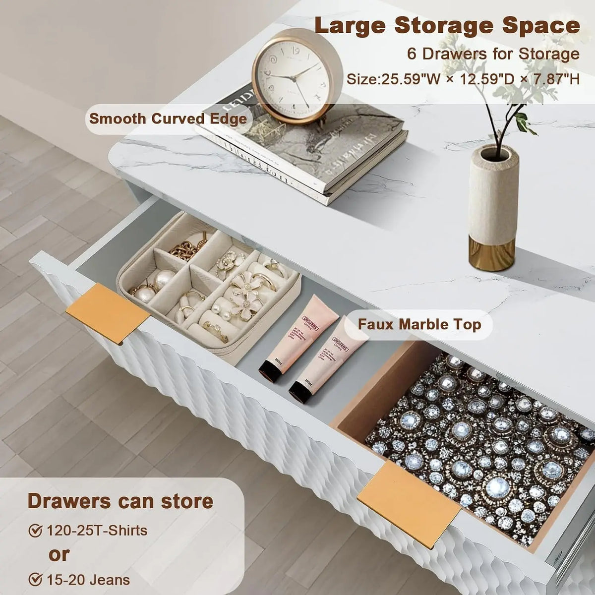 Fluted Dresser for Bedroom, Modern 6 Drawer Dresser, Double Chest of Drawers with Faux Marble Top, Wood Storage Cabinet for Living Room, Hallway, Entryway