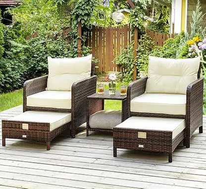 5 Pieces Patio Furniture Set, Rattan Balcony Furniture with Ottomans, PE Wicker Outdoor Patio Chairs Set with Coffee Table for