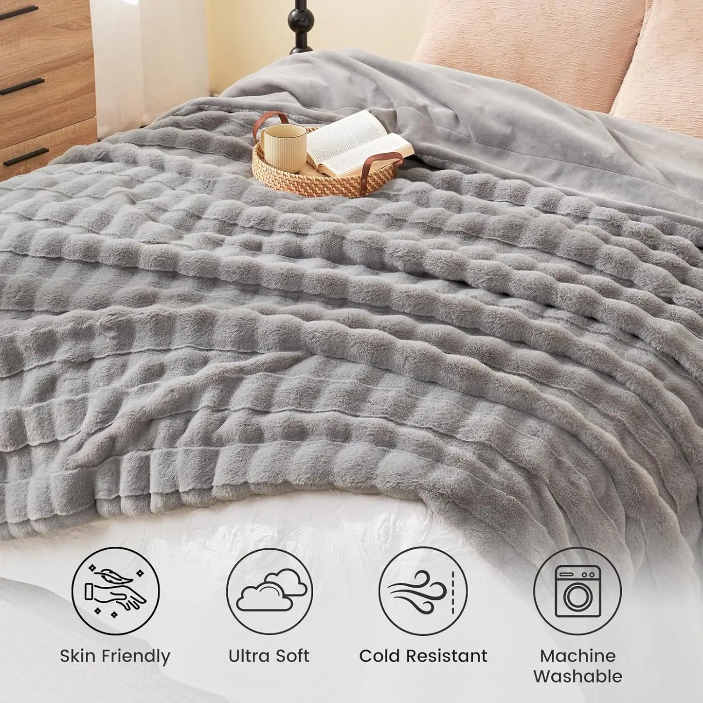 Fluffy Faux Fur Throw Blanket 60x80 Inches, Ultra Soft Grey Blanket for Couch Sofa Bed Living Room, Warm Cozy Gift