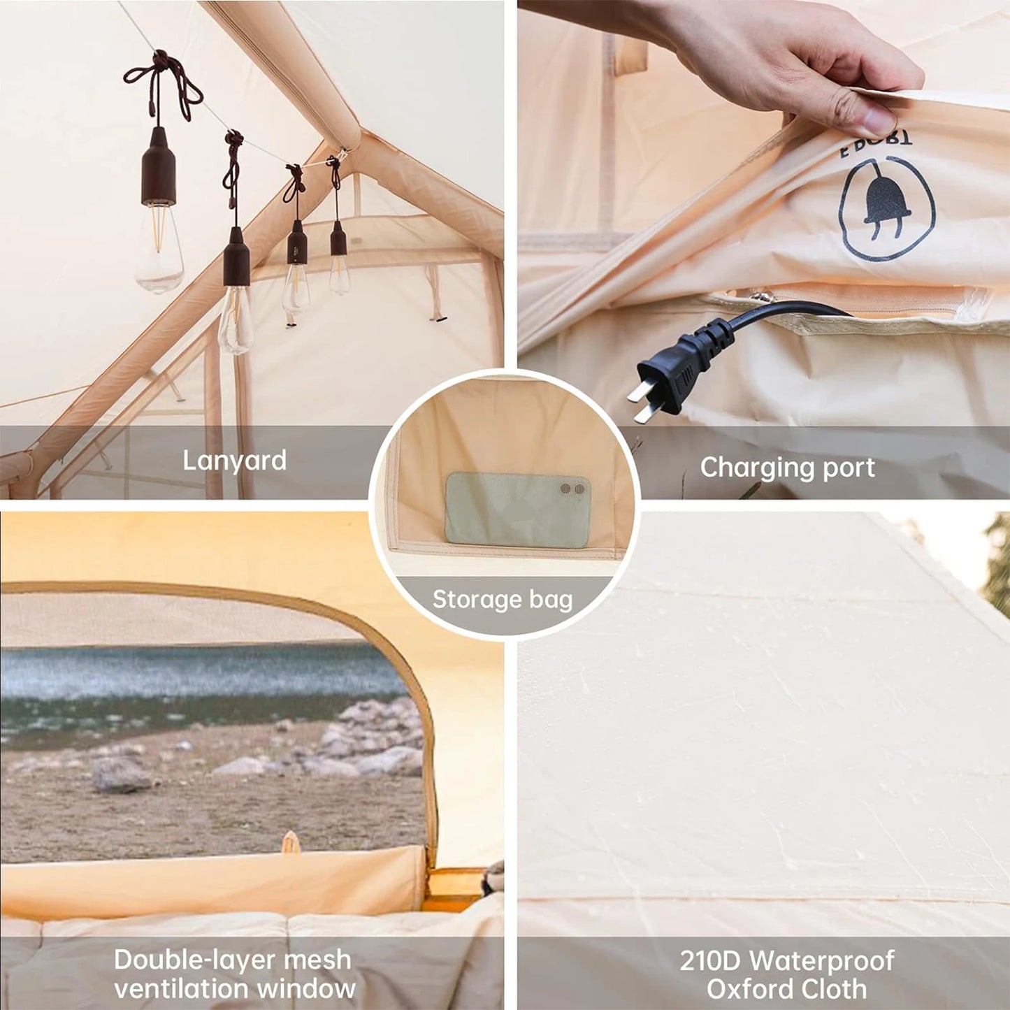 Inflatable Tent with Hand Pump Portable Glamping Tent Breathable Air Family Tunnel Tent Oxford Fabric for 4-6 People