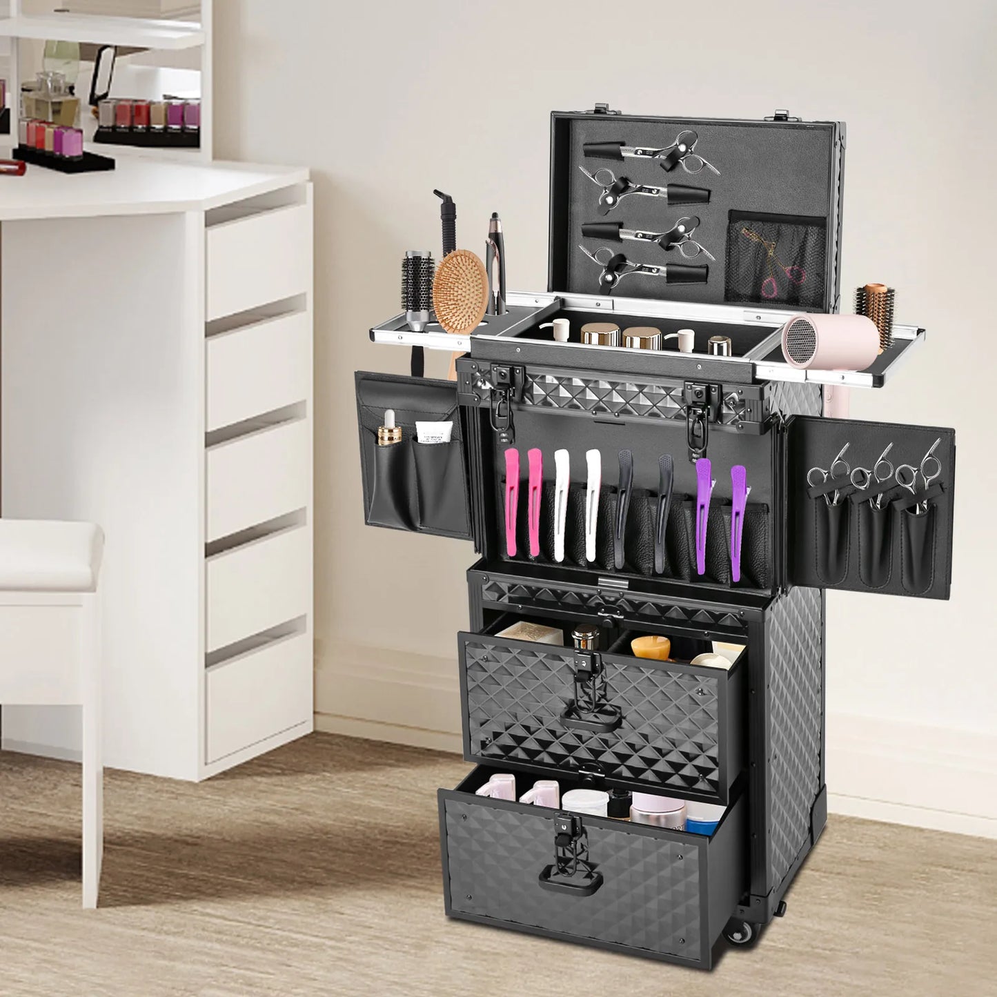 Cosmetology Case on Wheels Rolling Makeup Train Case Nail Travel Case for Nail Tech Professional Rolling Makeup Case with Drawer