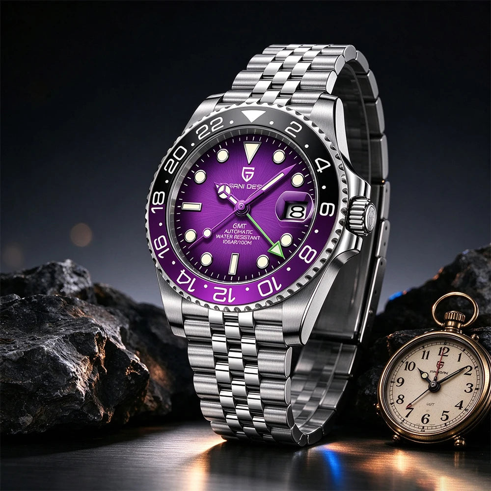 PAGANI DESIGN 40 GMT WATCH Dark Color Tone Men Mechanical Watch Jubilee Strap Sapphire Glass 100M Waterproof Stainless Steel Automatic Men Watch Gift Watches