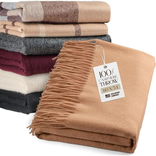 100% Cashmere Throw Blanket with Fringe 60 x 54 Inch Super Soft Warm for Home, Travel Sofa Bed (Camel)