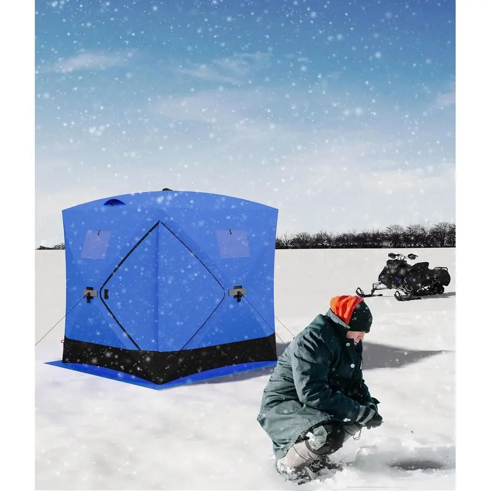 Portable Insulated Ice Fishing Tent, Hub-Style Shelter, Windproof & Warm, 3-4 Person, Blue, 6x6x6.6ft