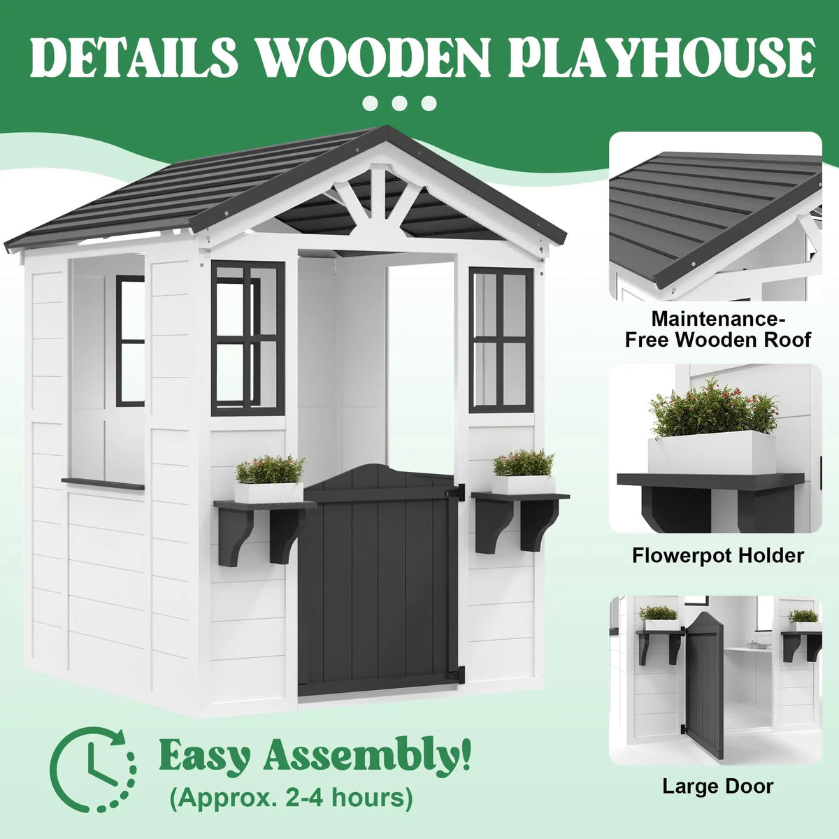 Wooden Kids Playhouse Outdoor Cottage With Pretend Kitchen, Door, Windows & Flower Boxes, Fir Wood Backyard Playhouse Ages 3-12