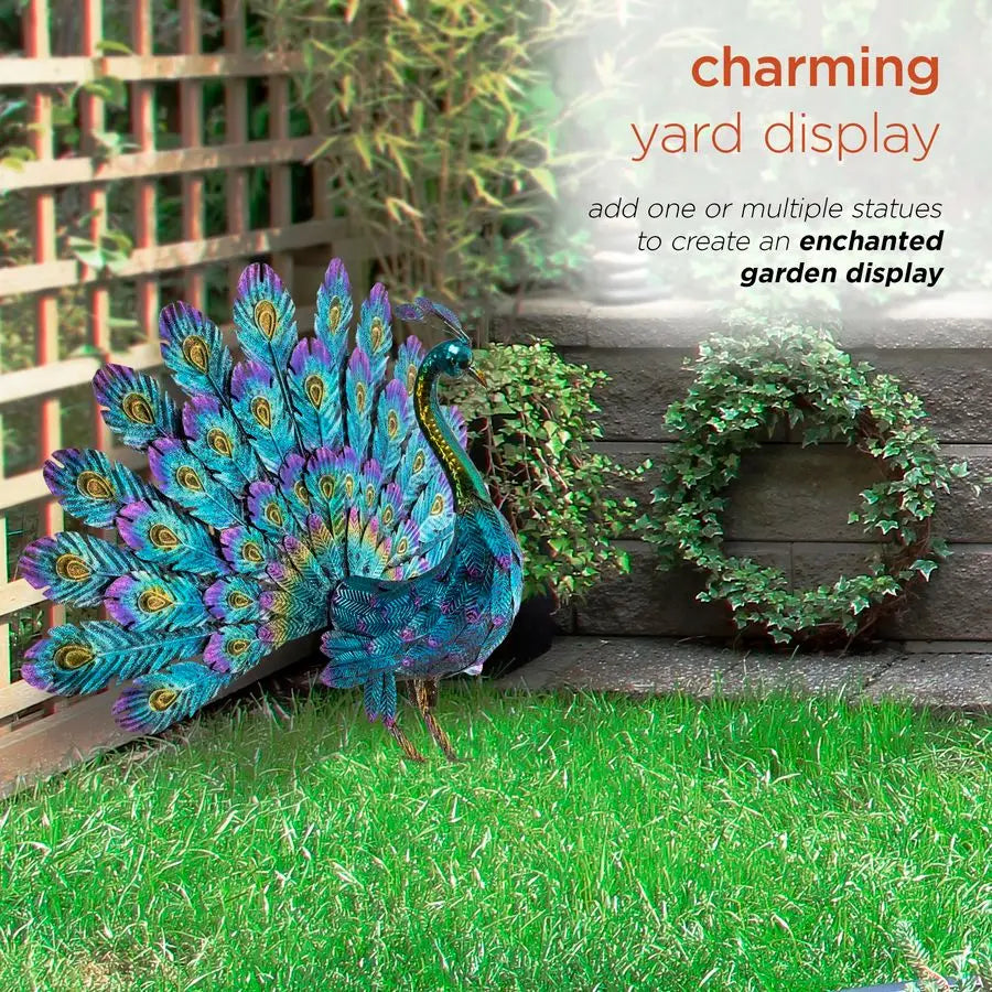 23 Tall Outdoor Metallic Peacock Tail Spread Yard Statue, Vibrant Garden Sculpture for Patio, Lawn, or Entryway, Multicolor