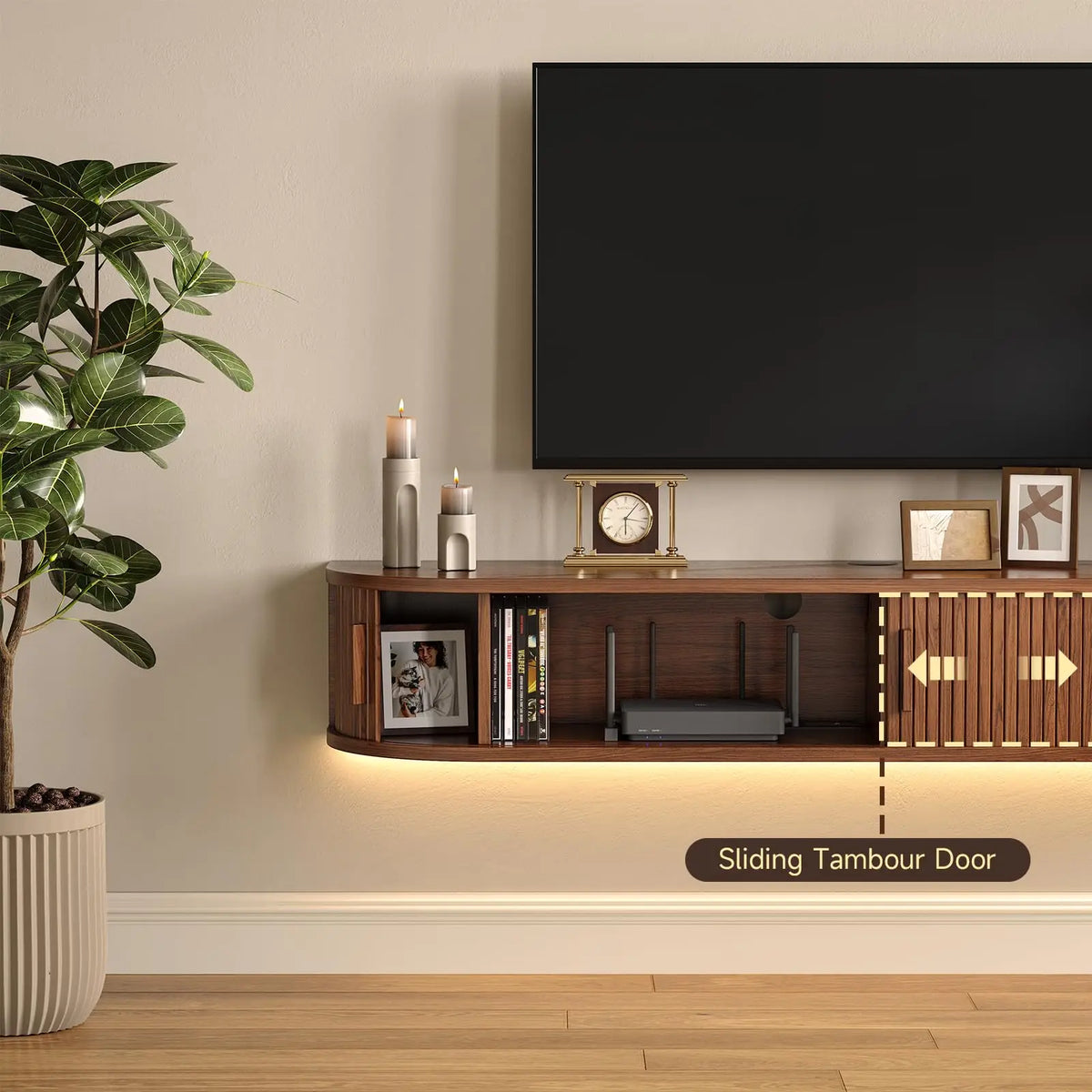 Floating TV Stand with Power Outlet for TVs up to 95 Inch, Wall Mounted TV Stand with LED Lights and Remote, Fluted Entertainment Center, Mid Century Modern TV Console Media Storage Cabinet with Sliding Door, Black