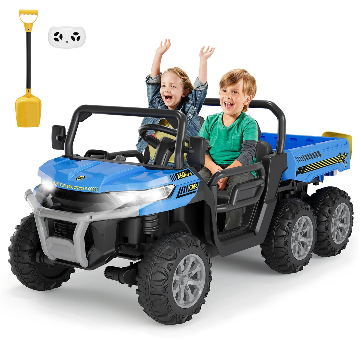 24V Kids Electric Ride On Dump Truck 2 Seater 4WD 6 Wheel Remote Control Car With Dump Bed Bluetooth Music LED Lights 2 Speeds