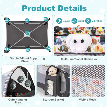 4-in-1 Portable Baby Playard with Bassinet, Changing Table, Lockable Wheels & Music, Foldable Travel Crib for Newborn to Toddler