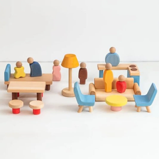Wooden Dollhouse Furniture and Accessories Set 18 Pcs Miniature Doll House Furniture with Wood Dolls for Bedroom Living Room Di