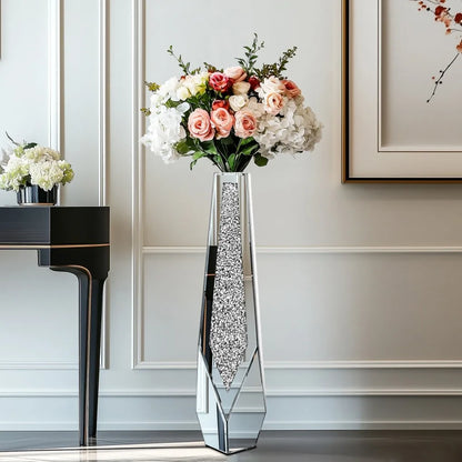 XL Floor Vase for for Dried Flower, 86cm Tall Sparkle Diamond Vase with Mirrored Bevelled Border, Open Base
