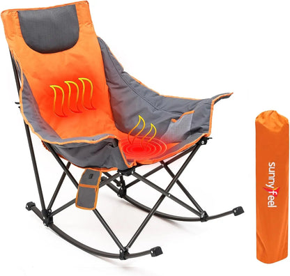 Heated Oversized Rocking Camping Chair, 500 LBS Folding Patio Recliner, Portable Outdoor Camp Rocker